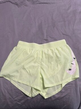 Nike Women's Neon Yellow Athletic Shorts with Pink Swoosh